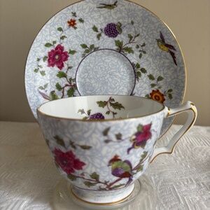 Crown Staffordshire Parrot & Floral Cup & Saucer